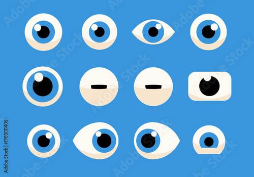 Set of Minimalist Cartoon Eye Illustrations for Character Design; Flat Vector Eyes Icons with Different Expressions and Shapes on Blue Background