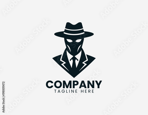 Mysterious masked figure wearing wide brim hat in clean black vector logo illustration style with minimalist design on white background