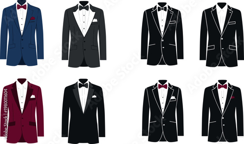 Men tuxedo suits collection with bow ties formal evening wear elegant vector illustration classic fashion isolated background