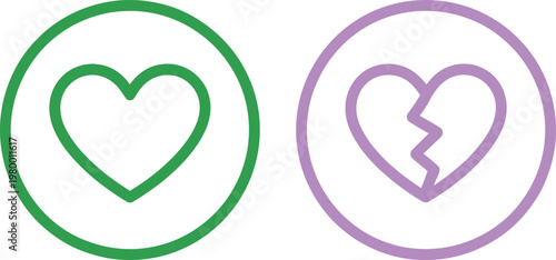 Complete heart icon and broken heart icon represent love and emotional distress for user interface buttons