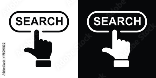 Bold black "SEARCH" text in oval button tapped by pointing finger silhouette, paired with white inverse on black square. High-contrast minimalist vector for search bars, magnifying UI, app find functi