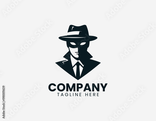 Mysterious masked figure wearing wide brim hat in clean black vector logo illustration style with minimalist design on white background