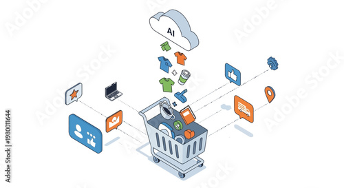 Isometric AI E-commerce and Smart Shopping Concept Illustration - Online Retail Automation with Cloud Technology and Digital Marketing Icons
