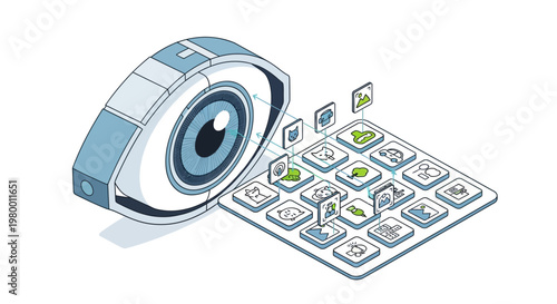 Artificial Intelligence Computer Vision Isometric Illustration - Robotic Eye Scanning Digital Image Data for Machine Learning and Object Detection