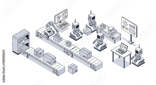 Isometric Automated Smart Warehouse and Logistics Factory with Robots and Conveyor Belts Line Art Illustration