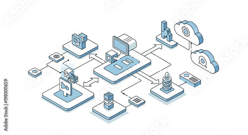 Isometric Cloud Computing and Data Infrastructure Illustration. Digital Network Connectivity, Big Data Management, and Global SaaS Ecosystem Technical Diagram.
