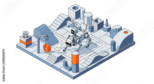 Isometric Quadruped Robot Dog in Testing Laboratory Illustration - AI Technology and Engineering Concept
