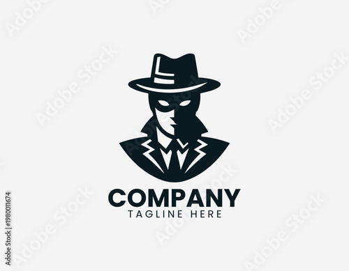 Mysterious masked figure wearing wide brim hat in clean black vector logo illustration style with minimalist design on white background