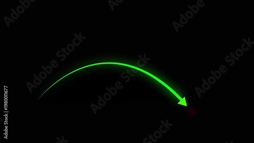 green Glowing Neon Arrow Path Landing on Target Point on Black Background
