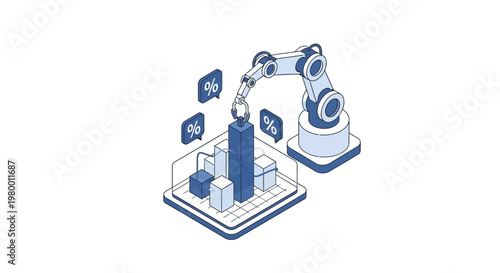 Isometric Robotic Arm Manipulating Data Bar Charts and Statistics, Concept of Automation in Finance, Business Growth, and Artificial Intelligence Data Analysis