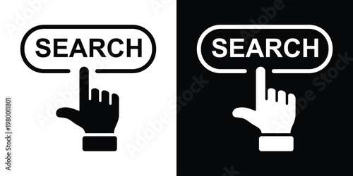 Bold black "SEARCH" text in oval button tapped by pointing finger silhouette, paired with white inverse on black square. High-contrast minimalist vector for search bars, magnifying UI, app find functi