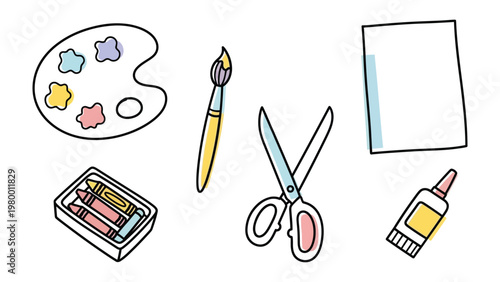 Creative Essentials: An array of artistic tools, including a paintbrush, palette, scissors, glue and blank paper are artfully arranged, sparking inspiration and ready to bring any vision to life.