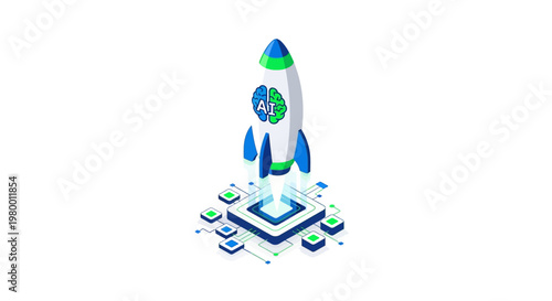 AI Rocket Launching from Microchip Isometric Illustration: Concept for Artificial Intelligence Startup, Technology Acceleration, and High-Performance Computing