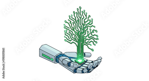 Robotic Hand Holding Glowing Microchip with Digital Circuit Tree Growing, Concept of AI, Green Technology, and Sustainable Innovation