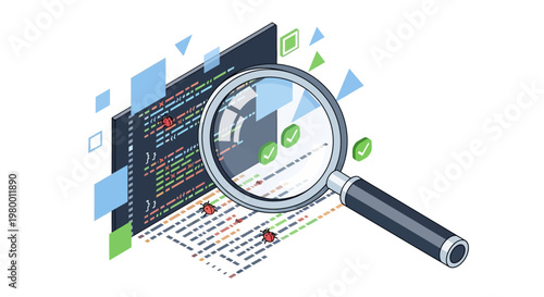 Isometric Software Debugging and QA Testing Illustration with Magnifying Glass, Code Review, and Error Detection Concept