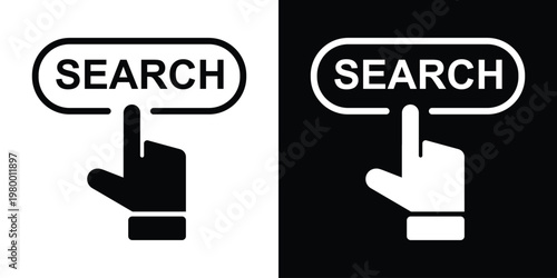 Bold black "SEARCH" text in oval button tapped by pointing finger silhouette, paired with white inverse on black square. High-contrast minimalist vector for search bars, magnifying UI, app find functi