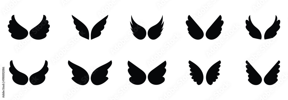 Fototapeta premium Set of wings icons. Vector illustration isolated on white background. set of wings logo vector illustration. bird wings silhouette vector icon.