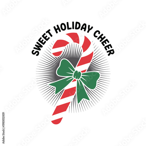 Candy Cane with Green Bow and Holiday Text Vector Graphic