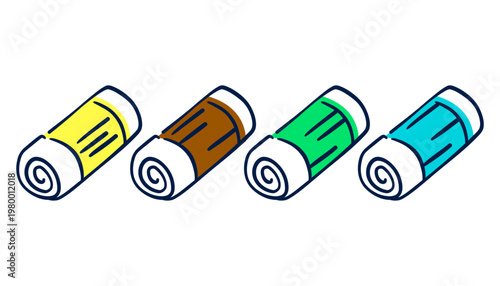 Vector set of four colorful garbage bag rolls in yellow, brown, green and blue. Hand drawn outline icons of plastic trash bags isolated on transparent background for cleaning service design.
