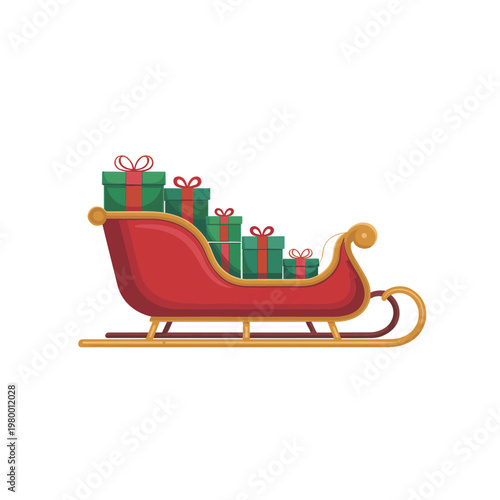 Christmas Sleigh with Green Gifts and Red Ribbons Isolated on White Background