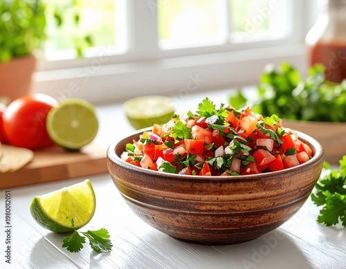 Freshly prepared chopped vegetable salad with tomatoes lettuce cilantro and lime in a wooden bowl on kitchen counter with ingredients in the background