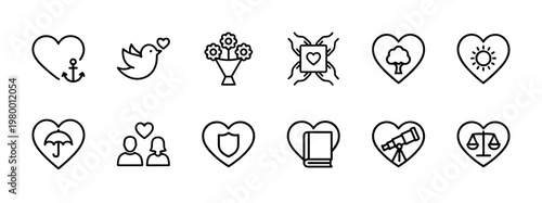 Relationships and love minimalist outline icon set for social connection