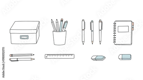 Stationery Set Illustration: A curated illustration of essential stationery supplies, meticulously arranged, representing the tools of creativity, organization, and efficient work.