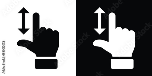 Vertical double arrow (up/down) beside pointing index finger in black line art, white version on black square. Clean vector for swipe gestures, scroll controls, mobile UI navigation. High-contrast min