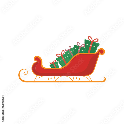 Christmas Sleigh with Green Gifts and Red Ribbons Vector Illustration