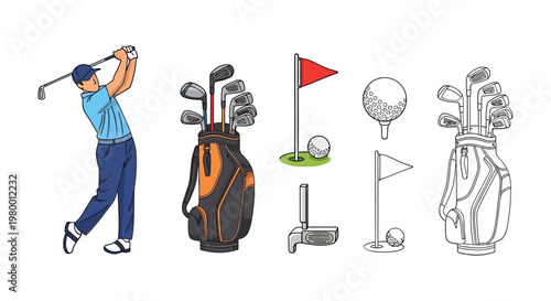 Golfer Swinging Club, Golf Bag, Flags, Balls and Putter - Hand Drawn Elements