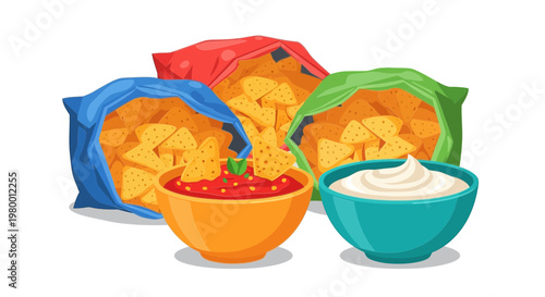 Snack Time: Tortilla Chips and Dips in Colorful Bags