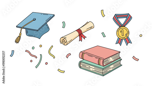 Graduation essentials and academic accomplishment: A stylized illustration depicting a graduation cap, diploma, medal, and books against a vibrant backdrop, celebrating academic milestones.