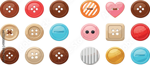 Sewing buttons collection with different shapes and colors flat vector illustration clothing accessories set isolated background