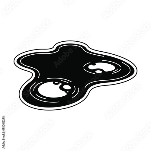 Black oil puddle vector illustration, liquid spill with bubbles and ripples, dark crude petroleum leak icon, industrial chemical waste splash on white background