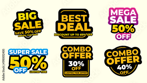 Big sale, best deal, mega sale, super sale, combo offer badges collection with discount offer price tag, discount percentage, price drop promotion, sale discount announcement, flat design discount