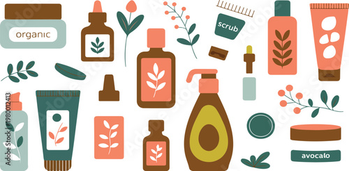 Organic skincare cosmetics set with natural cream, scrub and eco shampoo in bottles, jars and tubes for beauty packaging design