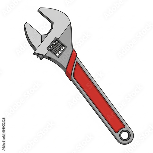 A black and red adjustable spanner wrench rests next to a metal bolt and sharp steel cutter tool isolated on a white background for construction work
