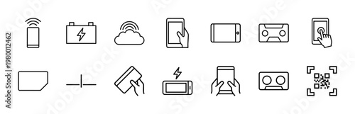 Minimalist technology and wireless communication outline icon set