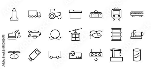 Minimalist transport and vehicle outline icons for commercial logistics and travel web design.