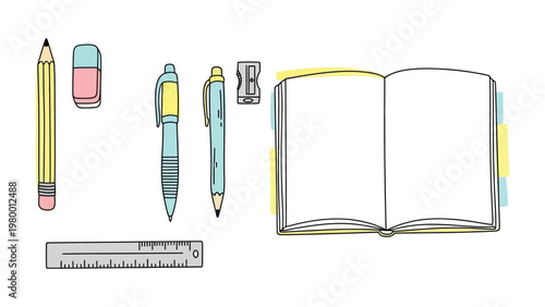 Stationery and Study: A selection of essential stationery items, including a pencil, eraser, pen, sharpener, notebook and ruler are meticulously arranged, ready for study.