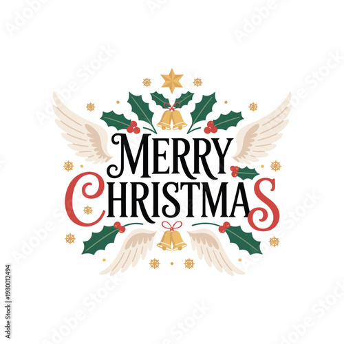 Merry Christmas festive holiday greeting card vector illustration with wings bells holly