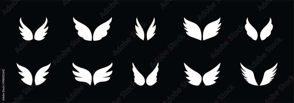 Fototapeta premium White wings silhouette vector set. Wings set is ideal for logo, emblem, badge design. Flying winged frame. Biker logo stencil stamp isolated on black background.