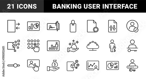 Minimalist financial security and banking outline icon set