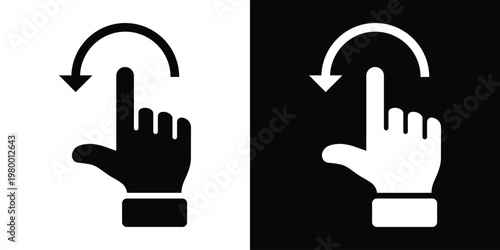 Dual‑tone mirrored hand gesture icon with curved arrow above finger, representing rotation or refresh motion. Ideal for touchscreen interface, app design, and modern digital graphics.