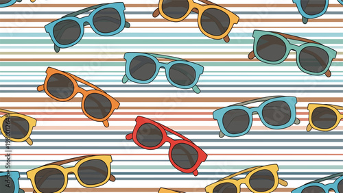 Trendy seamless pattern with various colorful sunglasses on a background of horizontal multi colored stripes for summer.