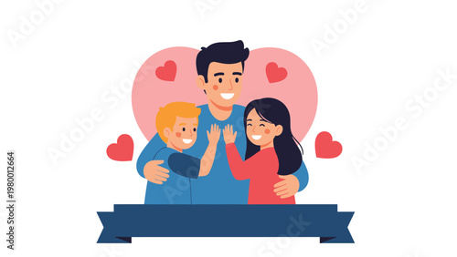 Loving father hugging his young son and daughter in front of a big pink heart with a blue ribbon banner for fathers day.