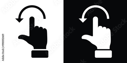 Dual‑tone mirrored hand gesture icon with curved arrow above finger, representing rotation or refresh motion. Ideal for touchscreen interface, app design, and modern digital graphics.