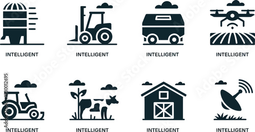 Set of black icons representing modern agriculture farming technology and smart sustainable crop management solutions
