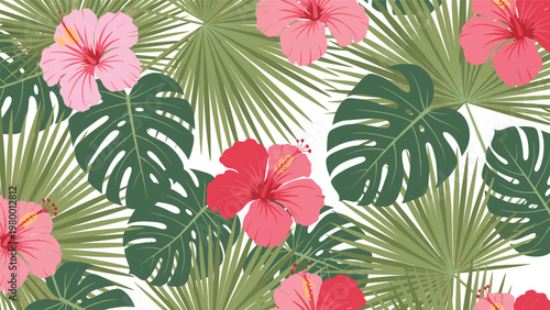 Lush tropical pattern featuring pink and red hibiscus flowers among large green monstera and palm leaves on white background.