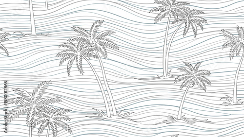 Minimalist seamless pattern featuring hand drawn palm trees on a background of light blue wavy lines for a beach theme.
